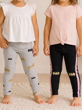Batman Girls Leggings Set of 2 Sparkle Logo Glitter 2T Grey Black